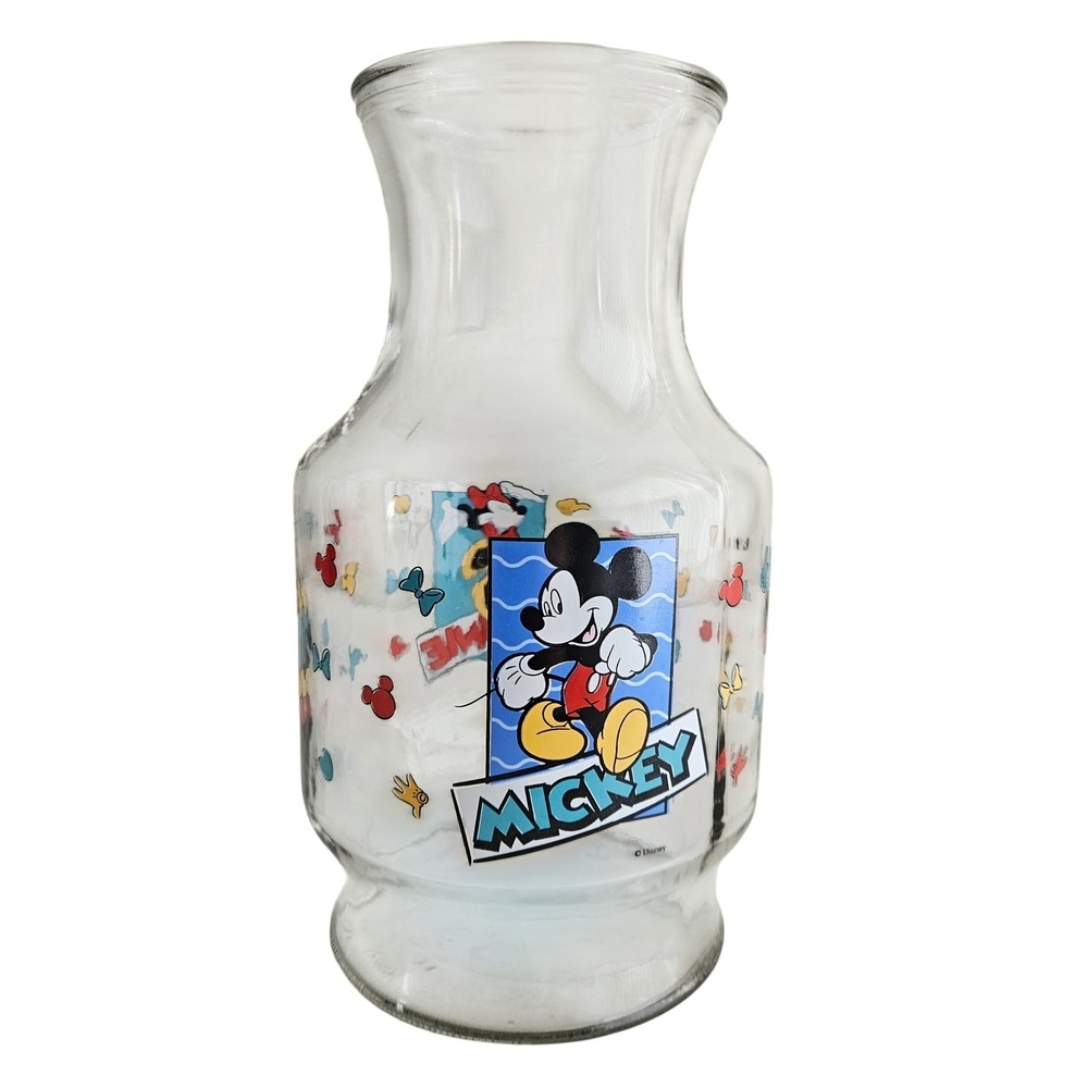 Vintage Anchor Hocking Mickey and Minnie Mouse Glass Carafe Pitcher 48 oz No Lid